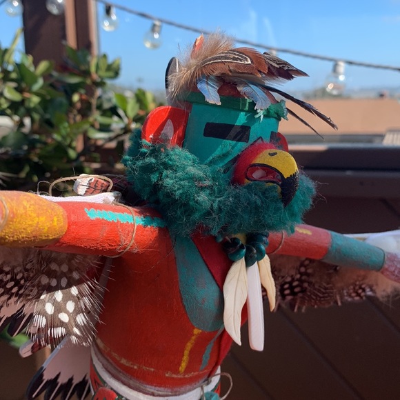 Hopi Indian Kachina Doll wooden, 11” tall wooden stand w feathers wings vintage - Picture 11 of 12